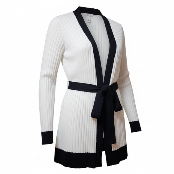 White House Black Market Sweaters - WHITE HOUSE BLACK MARKET | Belted White Longline Cardigan with Black Trim | XL